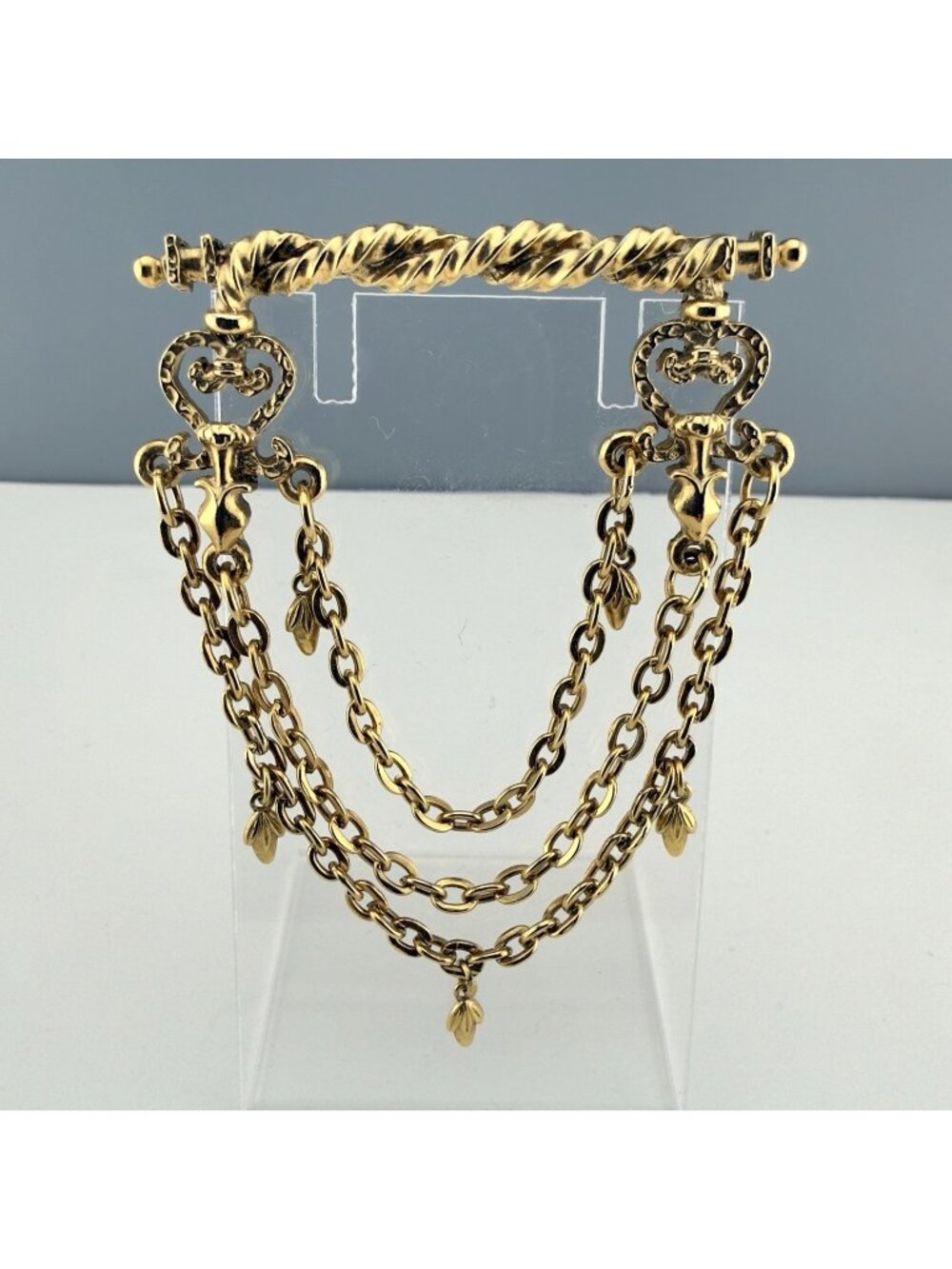 1928 Jewelry Co Brooch Bar Pin Chatelaine Victorian Revival Style Dangle Chain